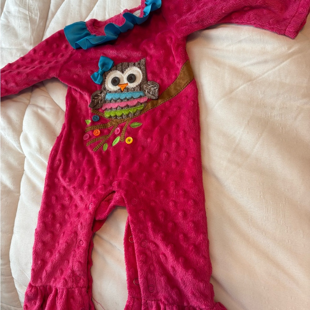 Mud Pie Fuchsia Owl Bodysuit with Blue Accents